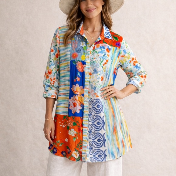 John Mark Tops - JOHN MARK Patchwork Floral Print Roll Tab Sleeves Tunic Shirt Size M Boho RARE